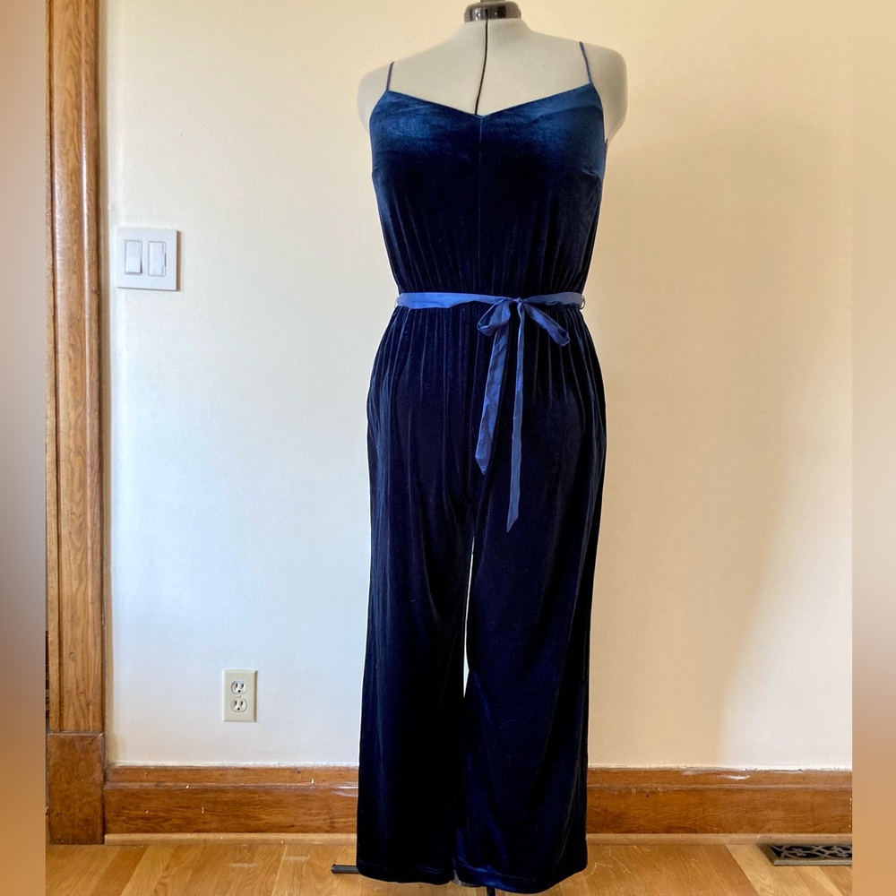 ModCloth Dark Blue Navy Velvet Wide Leg Jumpsuit with Pockets Size 2X